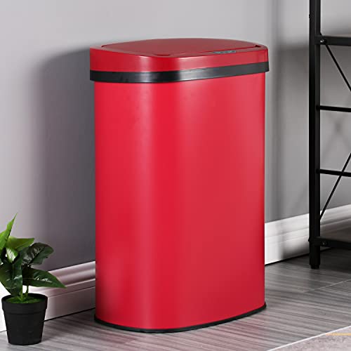 Hkeli 13 Gallon Trash Can Garbage Can Kitchen Trash Can Automatic Touch Free High Capacity 50 Liter for Bathroom Bedroom Home Office Waste Bin with Lid Brushed Stainless (Red) 17.3 x 13 x 23.6 inches