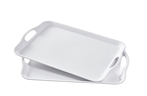 Blue Boat 16.5" x 11.5" Rectangular Serving Trays Set of 2 White,Light Weight Easy to Clean Sturdy Stackable Melamine Serving Tray with Handle, Fruit, Snacks, and Desserts Trays