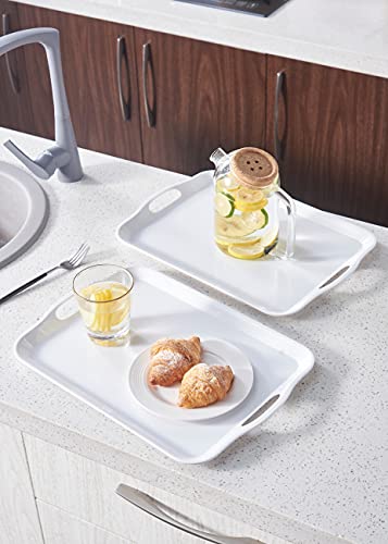 Blue Boat 16.5" x 11.5" Rectangular Serving Trays Set of 2 White,Light Weight Easy to Clean Sturdy Stackable Melamine Serving Tray with Handle, Fruit, Snacks, and Desserts Trays