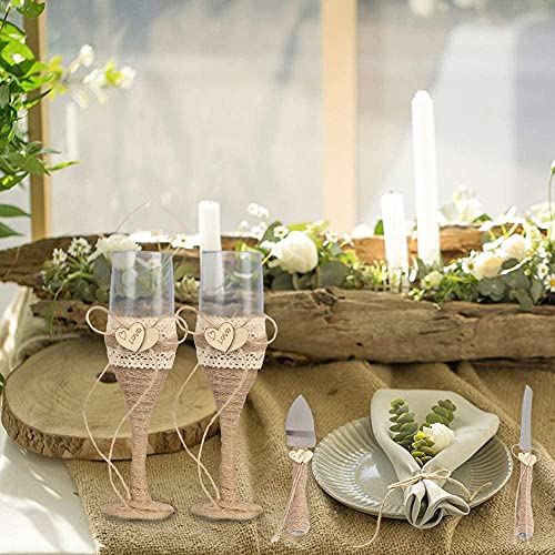 senover Rustic LOVE Wedding Cake Serving and Champagne Flute Glasses Set Bride and Groom Wedding Supplies for Engagement Wedding Gift Anniversary Present Christmas Gift