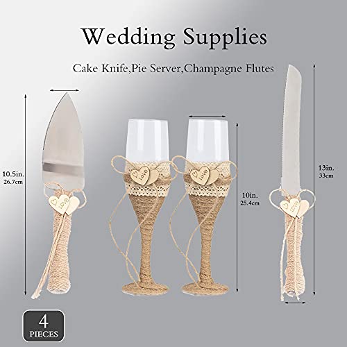 senover Rustic LOVE Wedding Cake Serving and Champagne Flute Glasses Set Bride and Groom Wedding Supplies for Engagement Wedding Gift Anniversary Present Christmas Gift