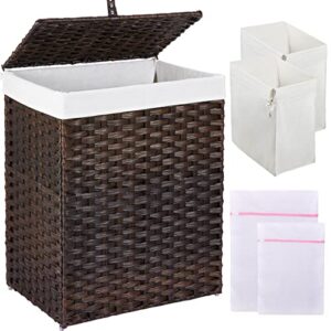 greenstell laundry hamper with lid, 90l clothes hamper with 2 removable liner bags & 2 mesh laundry bags, handwoven synthetic rattan laundry basket for clothes, toys in bathroom, bedroom brown