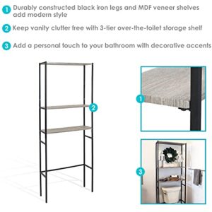 Sunnydaze 3-Tier Over-The-Toilet Storage Shelf - Industrial Style with Freestanding Open Shelves with Veneer Finish and Black Iron Frame - Etagere Bathroom Space-Saver Organizer - 71-Inch - Oak Gray