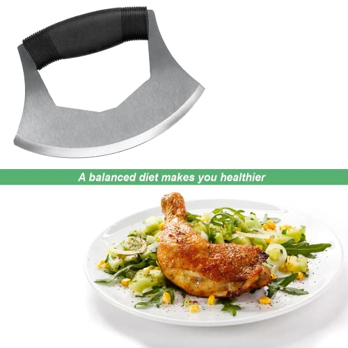 Mezzaluna Knife Salad Chopper, Stainless Steel Blade with Protective Cover - Ergonomic Anti-Slip Handle Vegetable Chopper Mincing Knife for Pizza, Cheese, Onion, Carrot, Pepper, Garlic, Vegetable