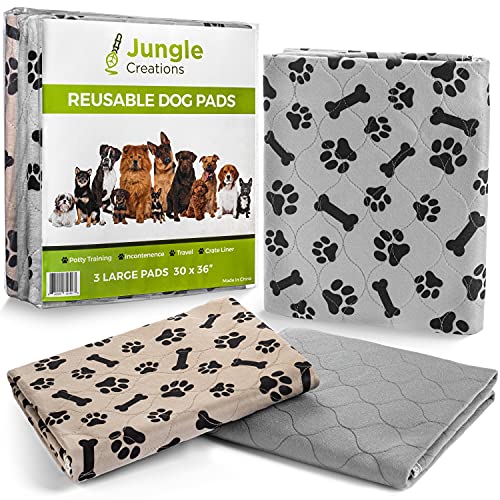 JUNGLE CREATIONS Washable Pee Pads for Dogs (3-Pack) Reusable Waterproof Potty Training Mats for Puppy Playpen, Whelping Box, Crate Liner for Small, Medium, Large, and XL Pets (30" x 36")