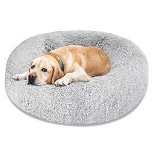 dog bed & cat bed, calming anti-anxiety donut dog cuddler bed, machine washable round pet bed, comfy faux fur plush dog cat bed for small medium large dogs and cats (30" x 30", light grey)