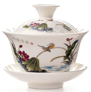 emoyi lotus rhyme brid pattern porcelain kung fu tea cup and saucer with lid sancai tea bowl tea set, white, 100ml(kk-544)
