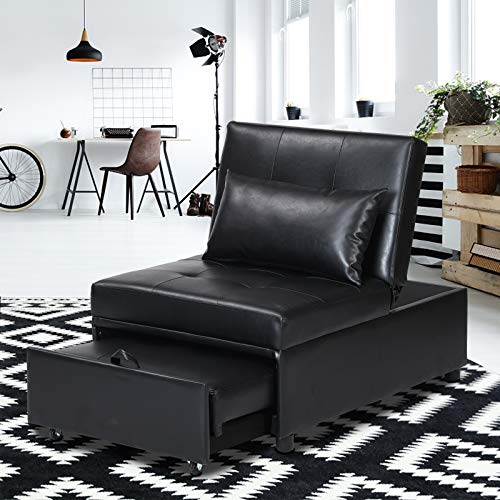 Voefen 4 in 1 Multi-Functional Black Faux Leather Sofa Bed Convertible Adjustable Backrest for Small Room,Dorms, Apartments, Studios,Office ORW31123889-7218-1521153611 39.76(L)*26.77(W)*29.92(H)