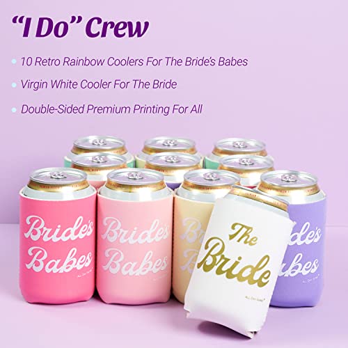 BRIDE'S BABES Bachelorette Party Can Sleeves - 11 Pack Insulated Neoprene Drink Holders for Regular Cans Bottles | Decorations, Supplies & Favors (Retro Rainbow)