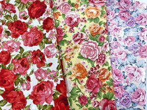 amornphan 3 pcs 45" vintage summer spring season roses floral rose flowers bouquet printed pattern quilting 100% cotton fabric for sewing crafting diy patchwork needlework handmade scrapbooking shirt