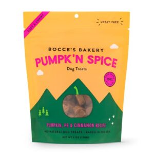 bocce's bakery pumpk'n spice treats for dogs, wheat-free everyday dog treats, made with real ingredients, baked in the usa, all-natural soft & chewy cookies, pumpkin, peanut butter, & cinnamon, 6 oz