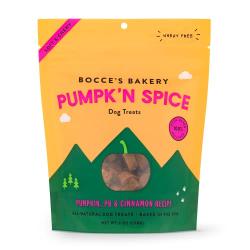 Bocce's Bakery Pumpk'n Spice Treats for Dogs, Wheat-Free Everyday Dog Treats, Made with Real Ingredients, Baked in The USA, All-Natural Soft & Chewy Cookies, Pumpkin, Peanut Butter, & Cinnamon, 6 oz