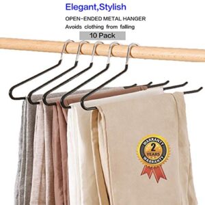 PJJXMY Pants Slack Trousers Hangers - 10 Pack, Space Saving Slim Strong and Durable Anti-Rust Chrome Metal Hangers, Open Ended Design for Easy-Slide Pant, Jeans, Skirt, Slacks Etc (Black Heavy Duty)