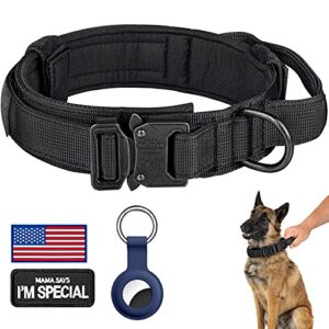 daganxi tactical dog collar, adjustable military training nylon dog collar with control handle and heavy metal buckle for medium and large dogs, with patches and airtags case (l, black)