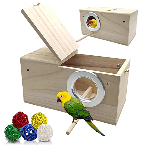 Hamiledyi Parakeet Nesting Box Wood Parrot Nest Breeding Box Kit Natural Bird House for Cage Budgie Breeder Box for Small Medium Lovebirds Conure Finch Cockatiel (5.12"×5.12"×9.84")