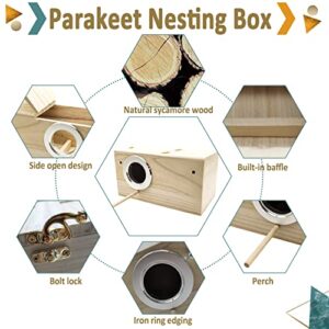 Hamiledyi Parakeet Nesting Box Wood Parrot Nest Breeding Box Kit Natural Bird House for Cage Budgie Breeder Box for Small Medium Lovebirds Conure Finch Cockatiel (5.12"×5.12"×9.84")