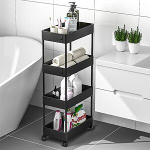aojia bathroom storage cart, bathroom cart organizer slide out storage cart mobile shelving unit organizer with wheels for bathroom kitchen bedroom laundry narrow places (3-tier black)