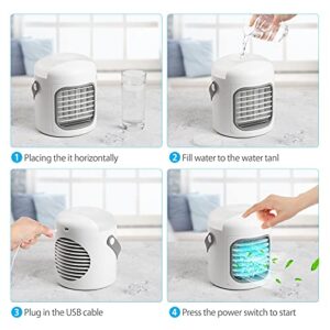 Portable Air Conditioner 4 in 1 Personal Air Cooler Fan with 4 Ice Tray USB Rechargeable Mini Quiet Evaporative Humidifier with 7 LED Light Battery Operated 3 Wind Speed Desktop Cooler for Home/Office