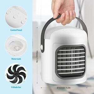 Portable Air Conditioner 4 in 1 Personal Air Cooler Fan with 4 Ice Tray USB Rechargeable Mini Quiet Evaporative Humidifier with 7 LED Light Battery Operated 3 Wind Speed Desktop Cooler for Home/Office