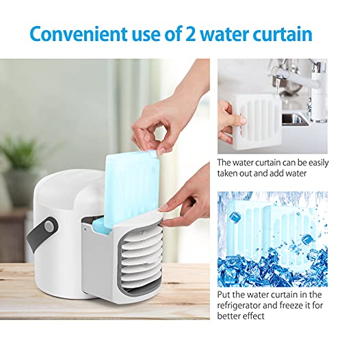 Portable Air Conditioner 4 in 1 Personal Air Cooler Fan with 4 Ice Tray USB Rechargeable Mini Quiet Evaporative Humidifier with 7 LED Light Battery Operated 3 Wind Speed Desktop Cooler for Home/Office