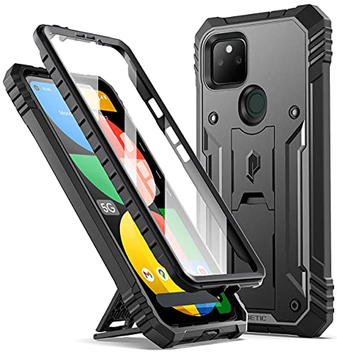 Poetic Revolution Series Case for Google Pixel 5A 5G, Full-Body Rugged Dual-Layer Shockproof Protective Cover with Kickstand and Built-in Screen Protector, Black