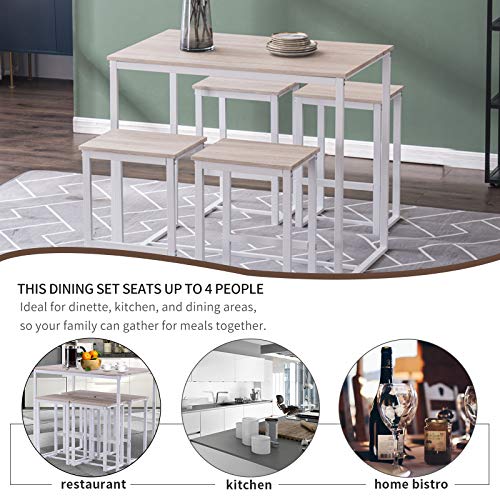 SSLine 5-Piece Bar Table and Chair Set,Modern Industrial Pub Bar Dining Table Set Wood Kitchen Table Set,Counter Height Dining Set with 4 Stools (Oak White)