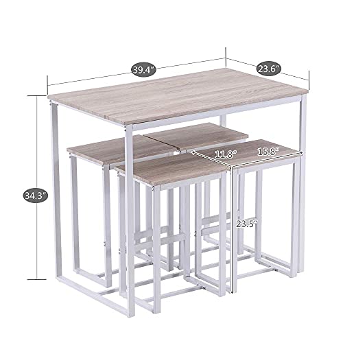 SSLine 5-Piece Bar Table and Chair Set,Modern Industrial Pub Bar Dining Table Set Wood Kitchen Table Set,Counter Height Dining Set with 4 Stools (Oak White)