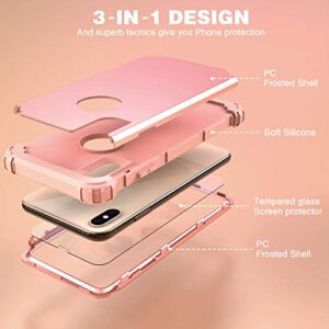 IDweel iPhone Xs Max Case with Tempered Glass Screen Protector, 3 in 1 Shock Absorption Heavy Duty Protection Hard PC Cover Soft Silicone Bumper Full Body Durable Case, Rose Gold