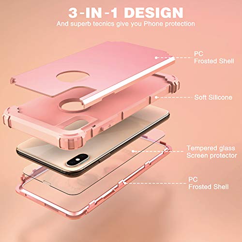 IDweel iPhone Xs Max Case with Tempered Glass Screen Protector, 3 in 1 Shock Absorption Heavy Duty Protection Hard PC Cover Soft Silicone Bumper Full Body Durable Case, Rose Gold