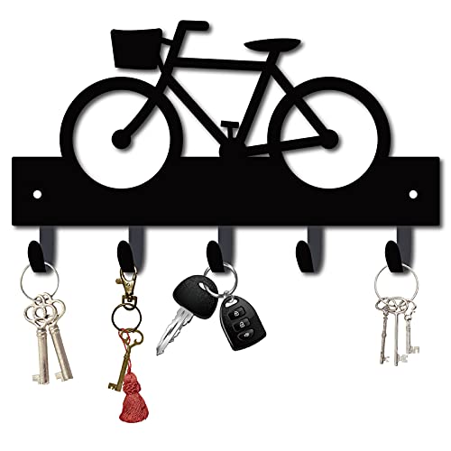 CREATCABIN Metal Key Holder Black Key Hooks Wall Mount Hanger Decor Hanging Organizer Rock Decorative with 5 Hooks Bicycle Pattern for Front Door Entryway Cabinet Towel 10.6 x 6.3 x 1.5 inches