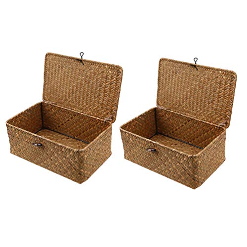 DOITOOL 2pcs Straw Storage Baskets with Lid Seagrass Seaweed Woven Storage Box Laundry Hampers Desktop Sundry Organizer for Clothes Washing Sorting Picnic 26X16x10CM