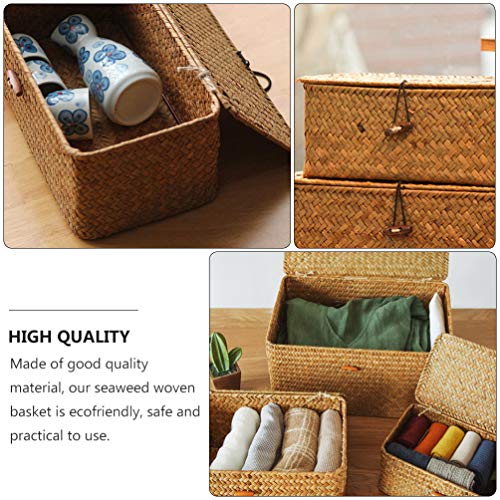 DOITOOL 2pcs Straw Storage Baskets with Lid Seagrass Seaweed Woven Storage Box Laundry Hampers Desktop Sundry Organizer for Clothes Washing Sorting Picnic 26X16x10CM