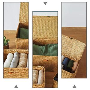 DOITOOL 2pcs Straw Storage Baskets with Lid Seagrass Seaweed Woven Storage Box Laundry Hampers Desktop Sundry Organizer for Clothes Washing Sorting Picnic 26X16x10CM