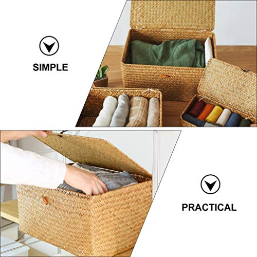 DOITOOL 2pcs Straw Storage Baskets with Lid Seagrass Seaweed Woven Storage Box Laundry Hampers Desktop Sundry Organizer for Clothes Washing Sorting Picnic 26X16x10CM