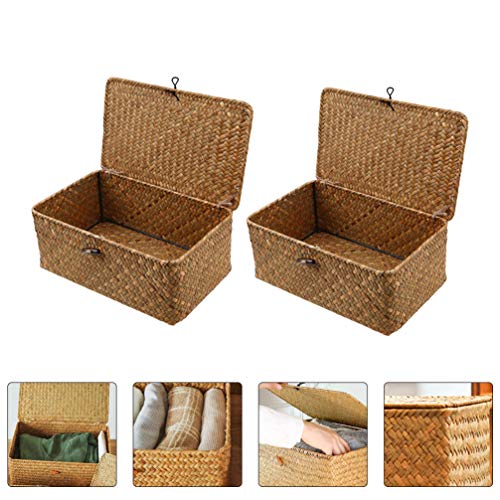 DOITOOL 2pcs Straw Storage Baskets with Lid Seagrass Seaweed Woven Storage Box Laundry Hampers Desktop Sundry Organizer for Clothes Washing Sorting Picnic 26X16x10CM