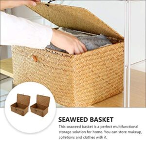 DOITOOL 2pcs Straw Storage Baskets with Lid Seagrass Seaweed Woven Storage Box Laundry Hampers Desktop Sundry Organizer for Clothes Washing Sorting Picnic 26X16x10CM