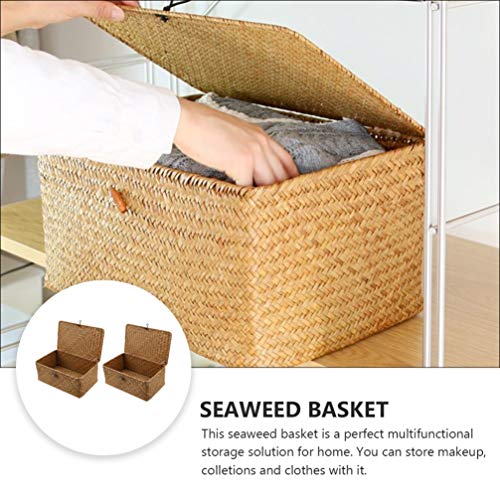 DOITOOL 2pcs Straw Storage Baskets with Lid Seagrass Seaweed Woven Storage Box Laundry Hampers Desktop Sundry Organizer for Clothes Washing Sorting Picnic 26X16x10CM