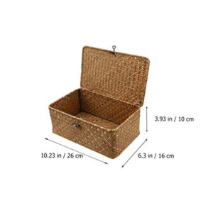 DOITOOL 2pcs Straw Storage Baskets with Lid Seagrass Seaweed Woven Storage Box Laundry Hampers Desktop Sundry Organizer for Clothes Washing Sorting Picnic 26X16x10CM