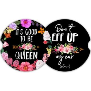funny car coasters for cup holders - 2 pack absorbent ceramic stone car cup holder for women, keep auto clean & easy removal, cute car accessories interior & great gift idea, flower & sayings mix
