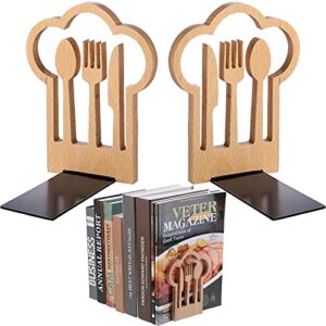 decorative kitchen bookends, wooden cookbook bookends kitchen counter decor fork knife spoon wood book shelf for office home files magazine kitchen book holders