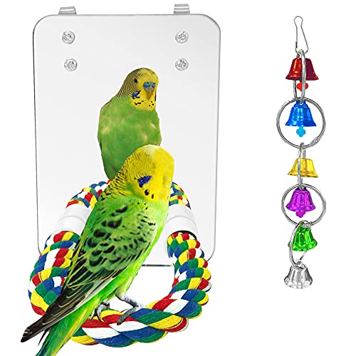 Eeaivnm 7 Inch Pet Bird Mirror Swing Parrot Cage Toys with Rope Perch, Parrot Parakeet Mirror with Bird Swing Bell Toys for Parakeet Cockatoo Cockatiel Conure Lovebirds Finch Canaries