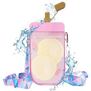 popsicle water bottle with strap, creative ice cream water bottle, cute water bottles with straws, transparent water jug juice drinking cup suitable for camping sports shopping kids school(pink)