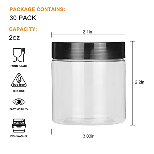 Accguan 30Pack 2oz Plastic Jar Storage Container with Black Lids Airtight Clear Wide-mouth Slime Storage Jars for Cosmetic Cream Light Clay