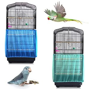 daoeny 2pcs universal bird cage cover, adjustable seed feather catcher, soft airy nylon mesh parrot net, birdcage cover skirt sheer guard for round square cages (green+ blue)
