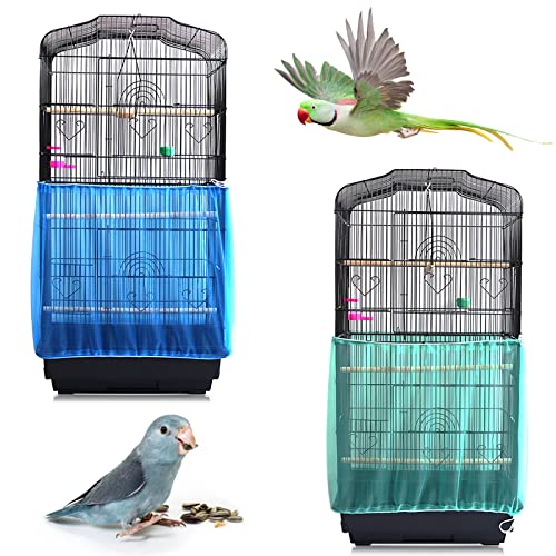 Daoeny 2Pcs Universal Bird Cage Cover, Adjustable Seed Feather Catcher, Soft Airy Nylon Mesh Parrot Net, Birdcage Cover Skirt Sheer Guard for Round Square Cages (Green+ Blue)