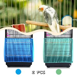 Daoeny 2Pcs Universal Bird Cage Cover, Adjustable Seed Feather Catcher, Soft Airy Nylon Mesh Parrot Net, Birdcage Cover Skirt Sheer Guard for Round Square Cages (Green+ Blue)