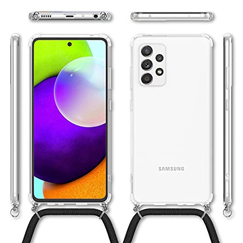 NALIA Necklace Cover Compatible with Samsung Galaxy A52 5G / A52 / A52s 5G Case, Transparent Protector with Band, Hardcase & Adjustable Holder Strap, Easy to Carry Crossbody, Color:Black