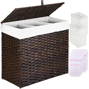 greenstell laundry hamper with lid, 125l large 3 sections clothes hamper with 2 removable liner bags & 5 mesh laundry bags, handwoven synthetic rattan divided laundry basket brown