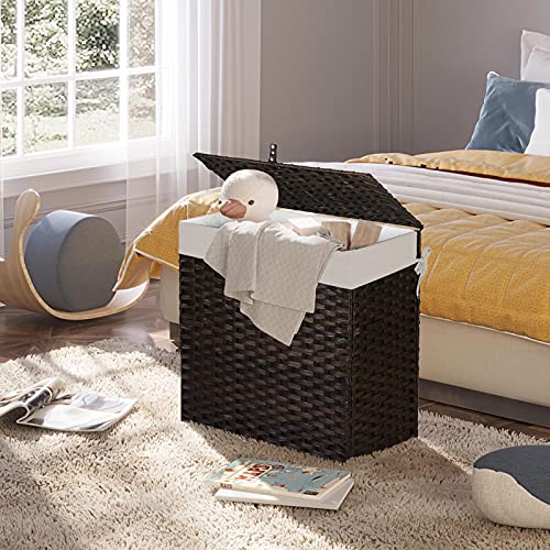 GREENSTELL Laundry Hamper with Lid, 125L Large 3 Sections Clothes Hamper with 2 Removable Liner Bags & 5 Mesh Laundry Bags, Handwoven Synthetic Rattan Divided Laundry Basket Brown