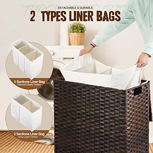 GREENSTELL Laundry Hamper with Lid, 125L Large 3 Sections Clothes Hamper with 2 Removable Liner Bags & 5 Mesh Laundry Bags, Handwoven Synthetic Rattan Divided Laundry Basket Brown